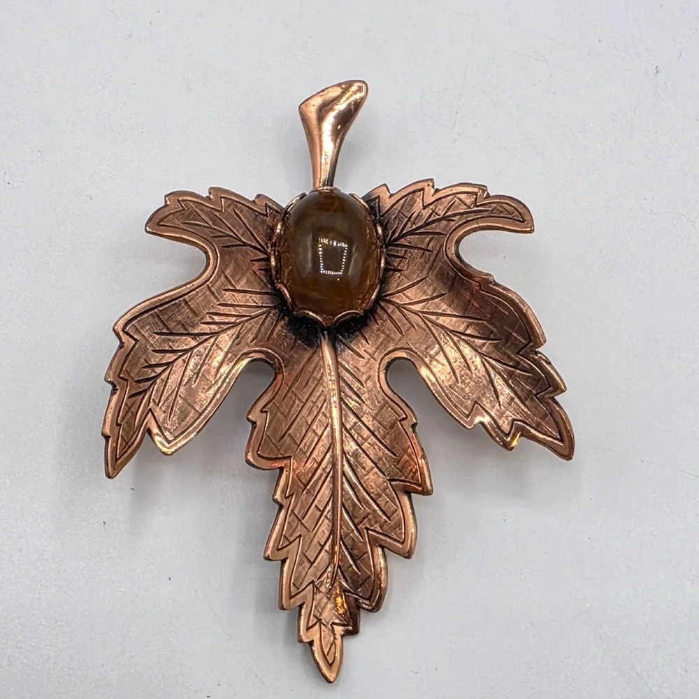 Vintage‎ Renoir Copper Maple Leaf Brooch Brown Stone Cabochon Mid Century Pin